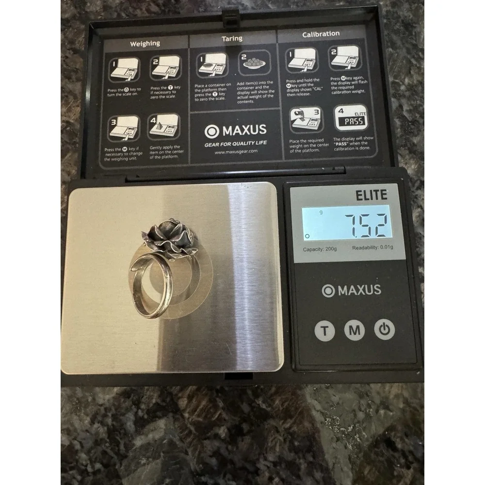 Vintage ROSE 3D Ring Silver Tone Floral‎ Unmarked sz 7.5 Adjustable RARE *